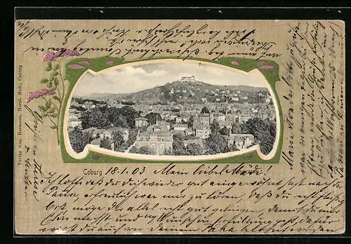 AK Coburg, Blick über die Dächer, Jugendstil-Rahmen