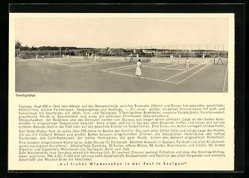 AK Saulgau, Tennisplatz mit Spielern, Werbetext Hotel Kleber-Post
