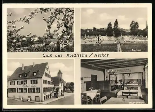 AK Nordheim /Neckar, Panorama, Freibad, Gasthof Traube mit Zapfsäule