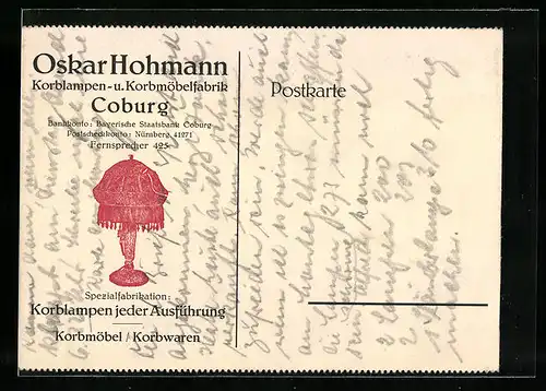 AK Coburg, Werbekarte der Korbmöbelfabrik Oskar Hohmann, Abbildung einer Leuchte