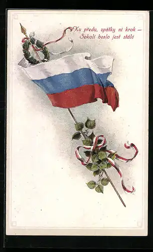 Künstler-AK Sokol, Fahne mit Kranz
