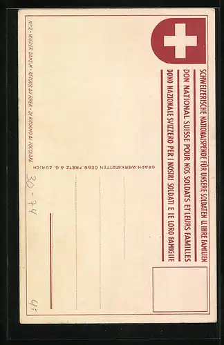 Künstler-AK Schweizer Soldat mit Familie, Nationalspende für Soldaten u. Familien