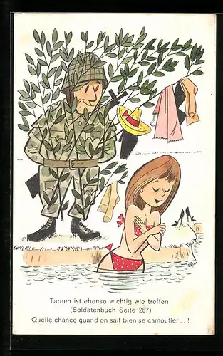 Künstler-AK Tarnen ist ebenso wichtig wie treffen, schweizer Soldat beobachtet badende Frau