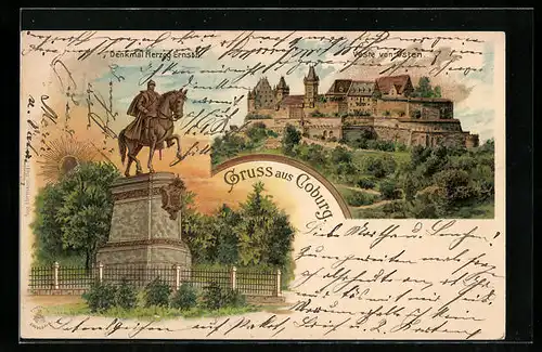 Lithographie Coburg, Veste von Osten, Denkmal Herzog Ernst II.