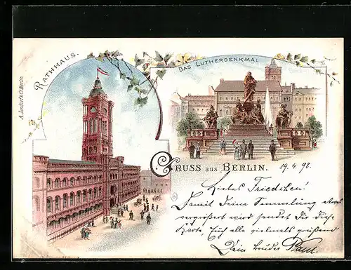 Lithographie Berlin, Rathaus, Das Lutherdenkmal, Neuer Markt