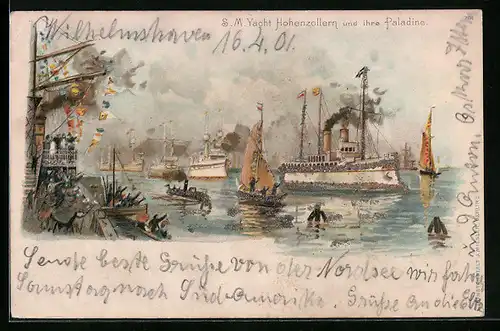 Lithographie S. M. Yacht Hohenzollern und ihre Paladine
