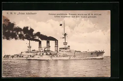 AK Grosser geschützter Kreuzer SMS Prinz Adalbert Volldampf gebend