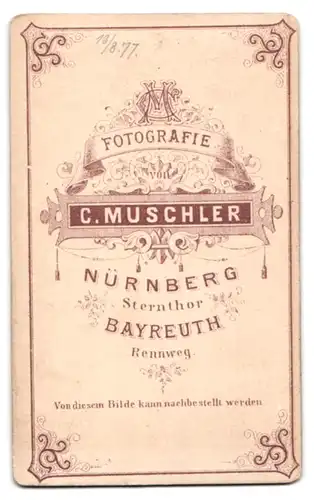 Fotografie C. Muschler, Nürnberg, Portrait junger Mann Ferdinand Schmidt im Anzug mit Fliege, 1877