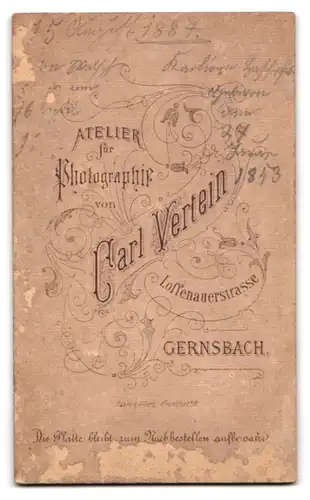 Fotografie Carl Vertein, Gernsbach, Frau Karoline nebst Herrn Walsch, 1887