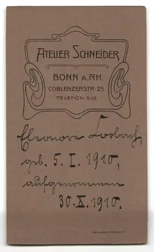 Fotografie Atelier Schneider, Bonn am Rh., kleines Mädchen Eleonore Lorbach, 1910