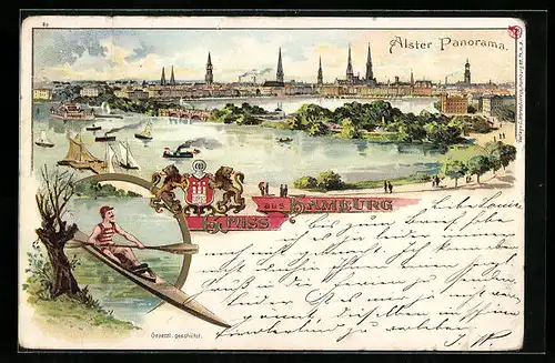 Lithographie Hamburg, Alster-Panorama mit Booten, Ruderer - Kanute, Wappen