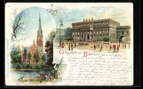 Lithographie Berlin, Kaiser Friedrich-Palais und Gedächtniskirche