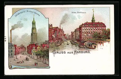 Lithographie Hamburg-Neustadt, Schaarmarkt mit Michaeliskirche, Altes Rathaus mit Kanal