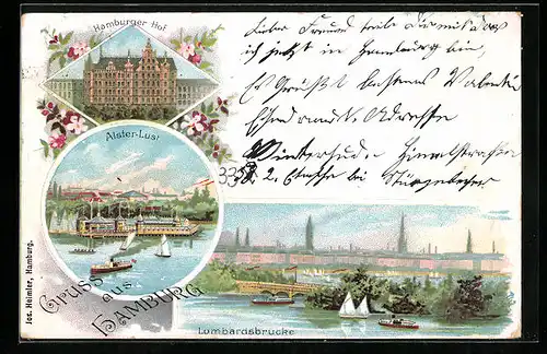 Lithographie Hamburg-Neustadt, Lombardsbrücke, Hamburger Hof, Alster-Lust