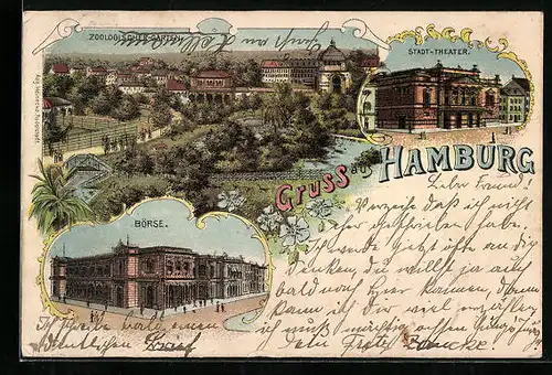 Lithographie Hamburg, Zoologischer Garten und Börse