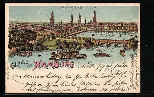 Lithographie Hamburg, Totalansicht mit Binnenalster