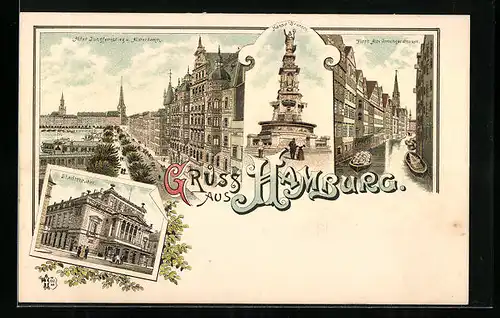 Lithographie Hamburg-Neustadt, Alter Jungfernstieg und Alsterdamm, Stadttheater