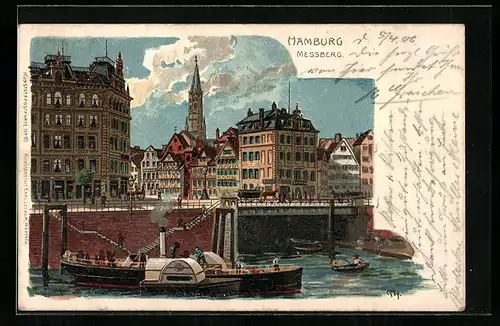 Lithographie Hamburg, Messberg mit Brücke und Dampfer