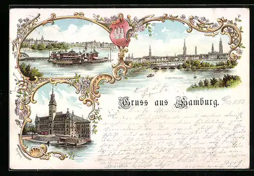 Lithographie Hamburg, Alsterlust, Lombardsbrücke, Rathaus