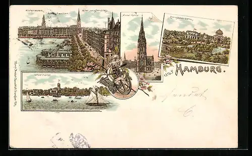 Lithographie Hamburg, Uhlenhorst, Alsterdamm und Nicolai-Kirche