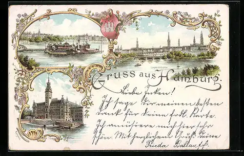 Lithographie Hamburg-St.Georg, Gasthaus Alsterlust, Rathhaus, Lombardsbrücke