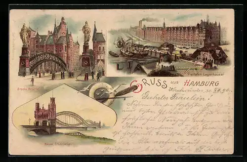 Lithographie Hamburg, Freihafen-Lagerhäuser, Brooks-Brücke, Neue Elbbrücke