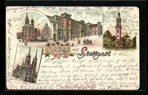 Lithographie Stuttgart, Stiftskirche, Post & Aussichtsturm Degerloch