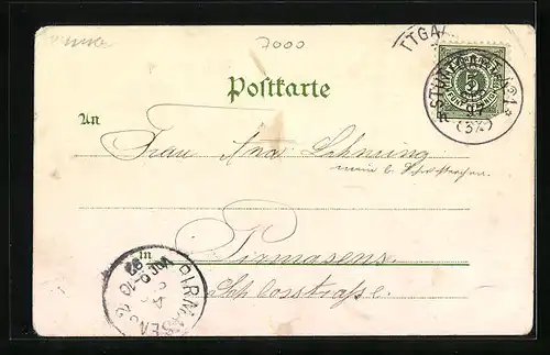 Lithographie Stuttgart, Stiftskirche, Post & Aussichtsturm Degerloch