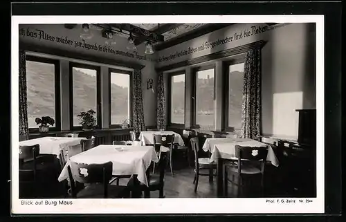 AK Sankt Goar-Fellen, Gasthof zum Landsknecht, Bes.: Mudersbach-Leonhard, Blick auf Burg Maus