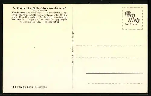 AK Kressbronn am Bodensee, Weinkellerei u. Weinstuben zur Kapelle, Inh.: Otto Ortlieb