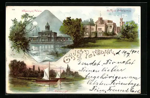 Lithographie Potsdam, Schloss Babelsberg, Pfaueninsel, Marmor Palais