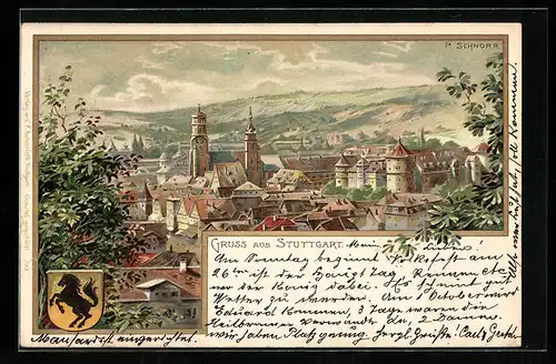 Lithographie Stuttgart, Ortsansicht mit Blick ins Land, Wappen
