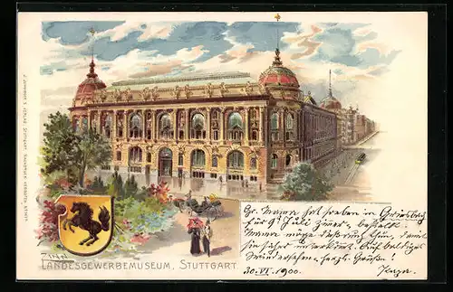 Lithographie Stuttgart, Landesgewerbemuseum mit Strassenbahn, Wappen