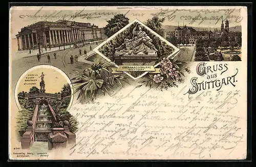 Lithographie Stuttgart, Königsbau, Altes Schloss am Schlossplatz, Eberhardsgruppe
