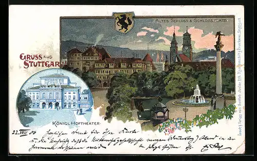 Lithographie Stuttgart, Altes Schloss und Schlossplatz, Hoftheater, Wappen