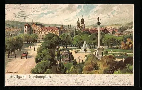 Lithographie Stuttgart, Ortspartie mit Schlossplatz