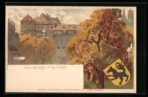 Lithographie Stuttgart, Schlossplatz, Stadtwappen