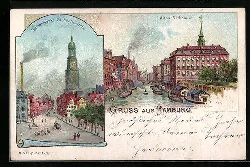 Lithographie Hamburg-Neustadt, Schaarmarkt mit Michaeliskirche, Altes Rathaus mit Kanal