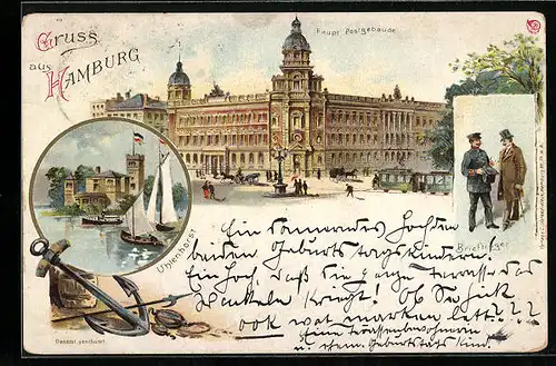 Lithographie Hamburg, Hauptpostgebäude, Uhlenhorst, Briefträger