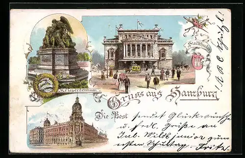 Lithographie Hamburg-Neustadt, Die Post, Stadttheater, Kriegerdenkmal
