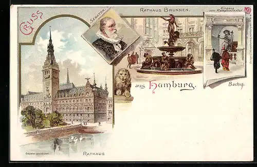 Lithographie Hamburg, Gasthaus Rathsweinkeller, Rathaus-Brunnen