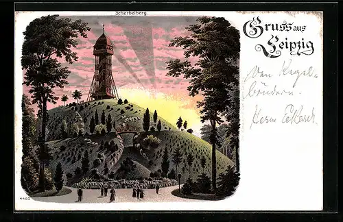 Lithographie Leipzig, Scherbelberg mit Aussichtsturm