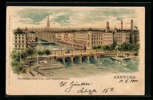 Lithographie Hamburg, Reesendammsbrücke und Alsterarkaden