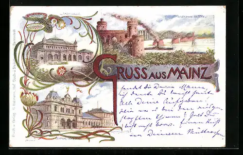 Lithographie Mainz, Stadthalle, Eisenbahn-Brücke, Bahnhof