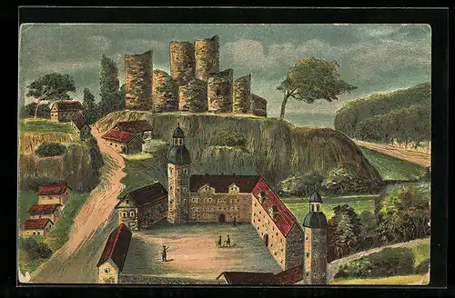 Künstler-AK Bad Lobenstein, Burgruine mit Schloss