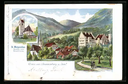 Künstler-AK Brannenburg a. Inn, Kirche St. Margarethen Anstieg zum Wendelstein, Ortspartie mit Radfahrern