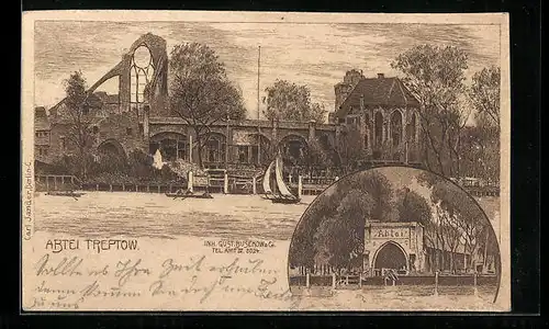 Künstler-AK Berlin-Treptow, Gasthaus Abtei, Segelschiffe