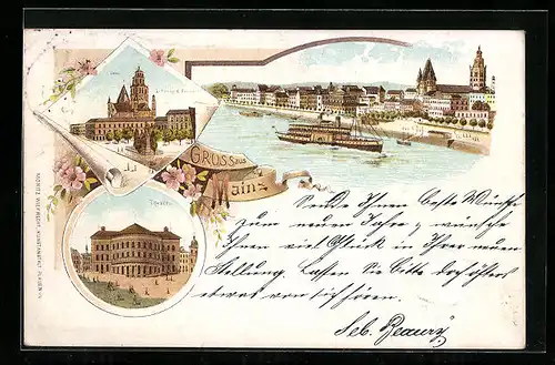Lithographie Mainz, Ortsansicht, Dom, Theater