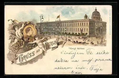 Lithographie Berlin, Partie am königlichen Schloss, Portrait Kaiser Wilhelm II.