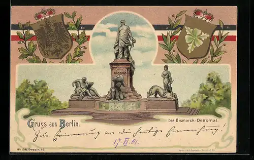 Lithographie Berlin, Bismarck-Denkmal, Wappen